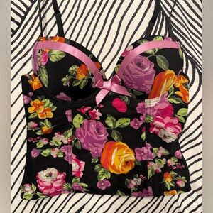 Vintage Italian Floral Bustier Top with Purple, Pink and Yellow Accents